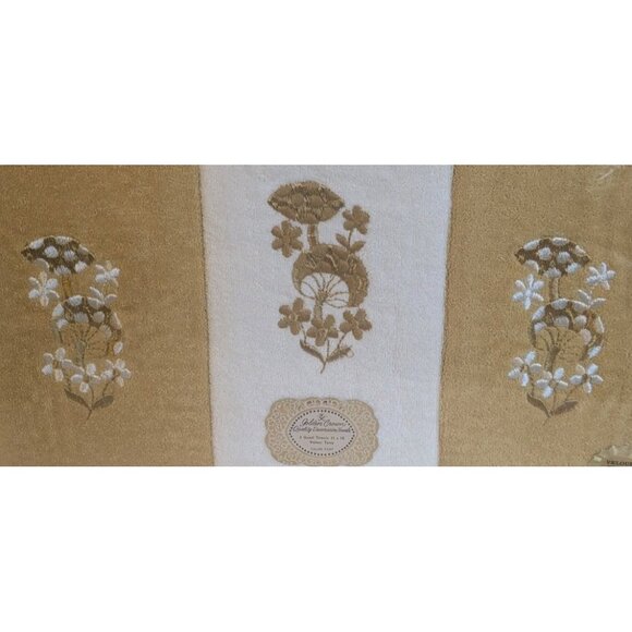 NOS 70s Mushroom Towels Velour Terry Golden Crown Guest Hand Set Of 3 Vtg Groovy - Picture 8 of 11